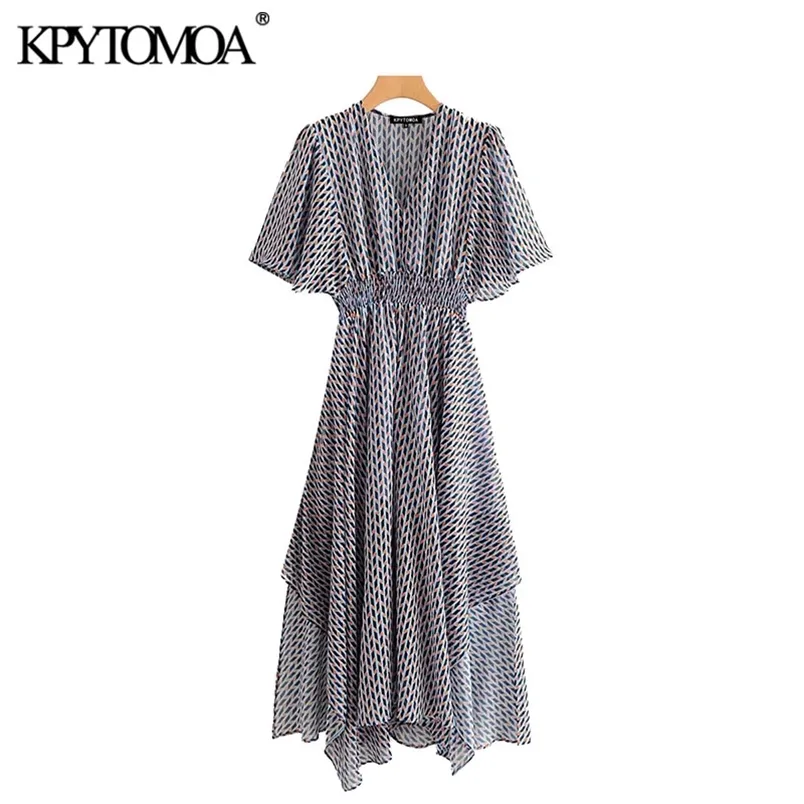 Women Chic Fashion Geometric Print Asymmetrical Midi Dress Short Sleeve Elastic Waist Female Dresses Mujer 210420