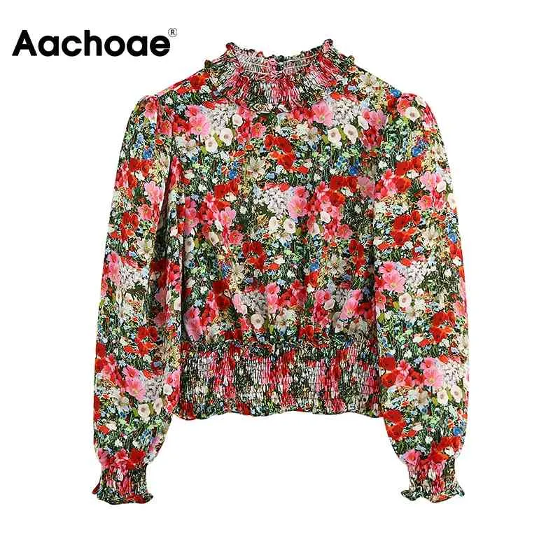 Aachoae Boho Floral Print Femmes Tops et chemisiers Puff Sleeve Hollow Out Chemise Taille élastique Blouse de vacances Top Camisas Mujer 210413