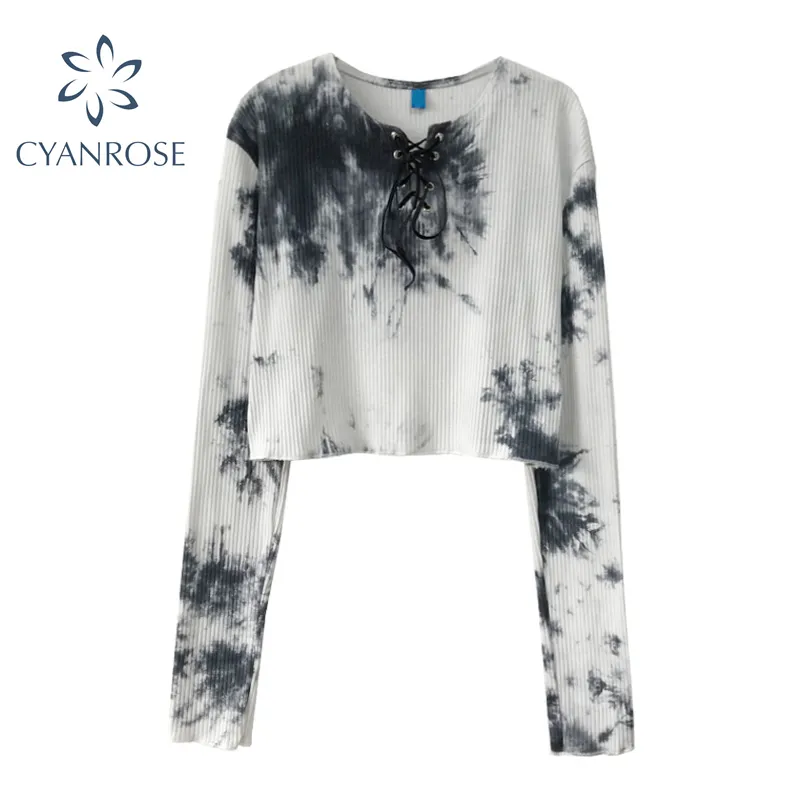 Tie Dye Sticka Rib Crop T Shirt Sommar E-Girl High Street Tide Långärmad Snörning Upp Crewneck Harajuku Tees Retro Club In Tops 210417