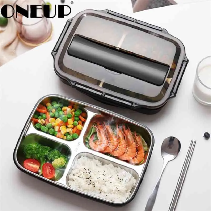 OneUP Portable Fack Isolation Lunchbox Rostfritt stål 304 Japansk kontorspersonal separerad mikrovågsugn Uppvärmning Bento Box 210818