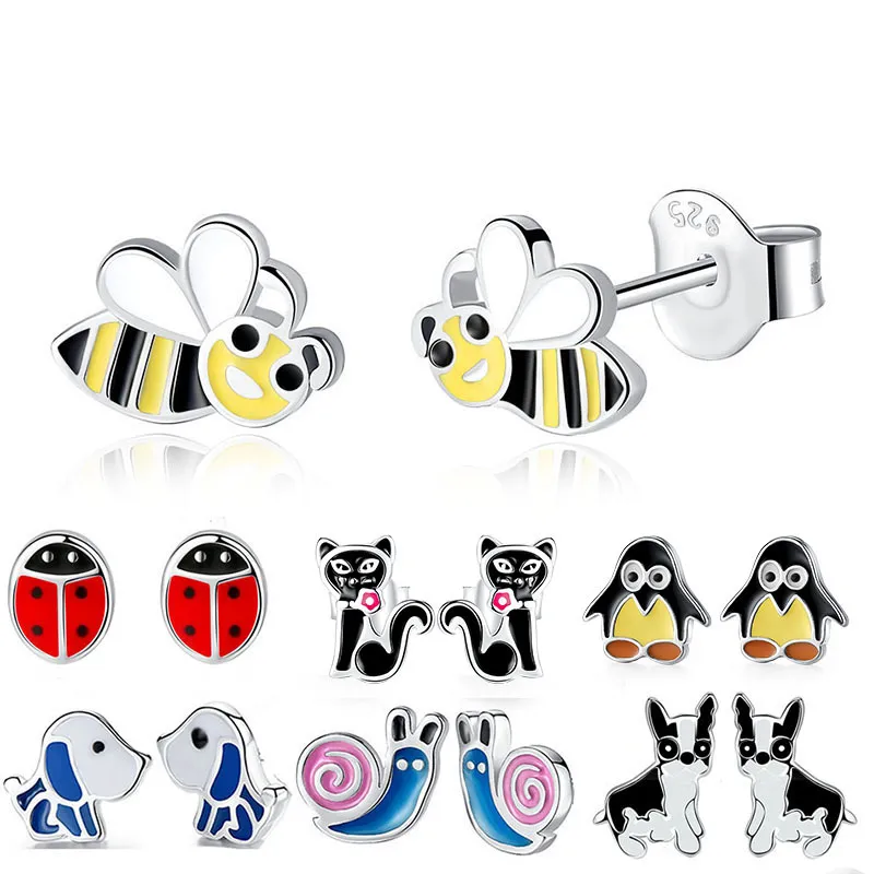 Belawang 100% 925 Sterling Silver Stud för barn Tjej Honung Bee Enamel Kids Örhängen Mode Smycken