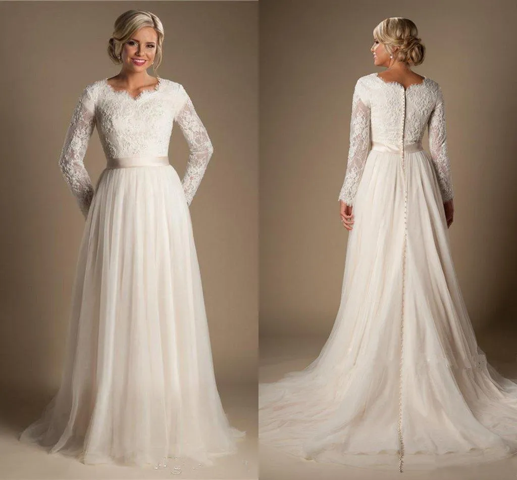 2021 Vestidos de novia modestos de encaje con cuentas y mangas largas con botones en la espalda Vestidos de novia de gasa Vestido de novia