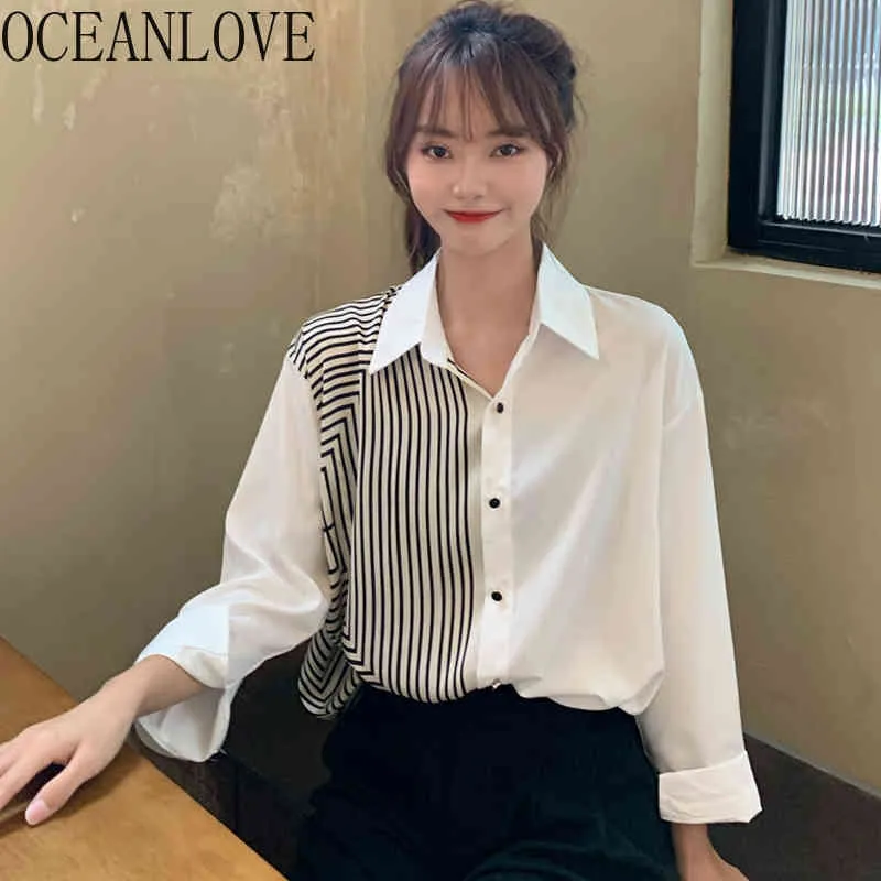 Blouses d'automne rayé à manches longues imprimé Blusas Mujer élégant mode coréenne chemises à boutonnage simple 18609 210415