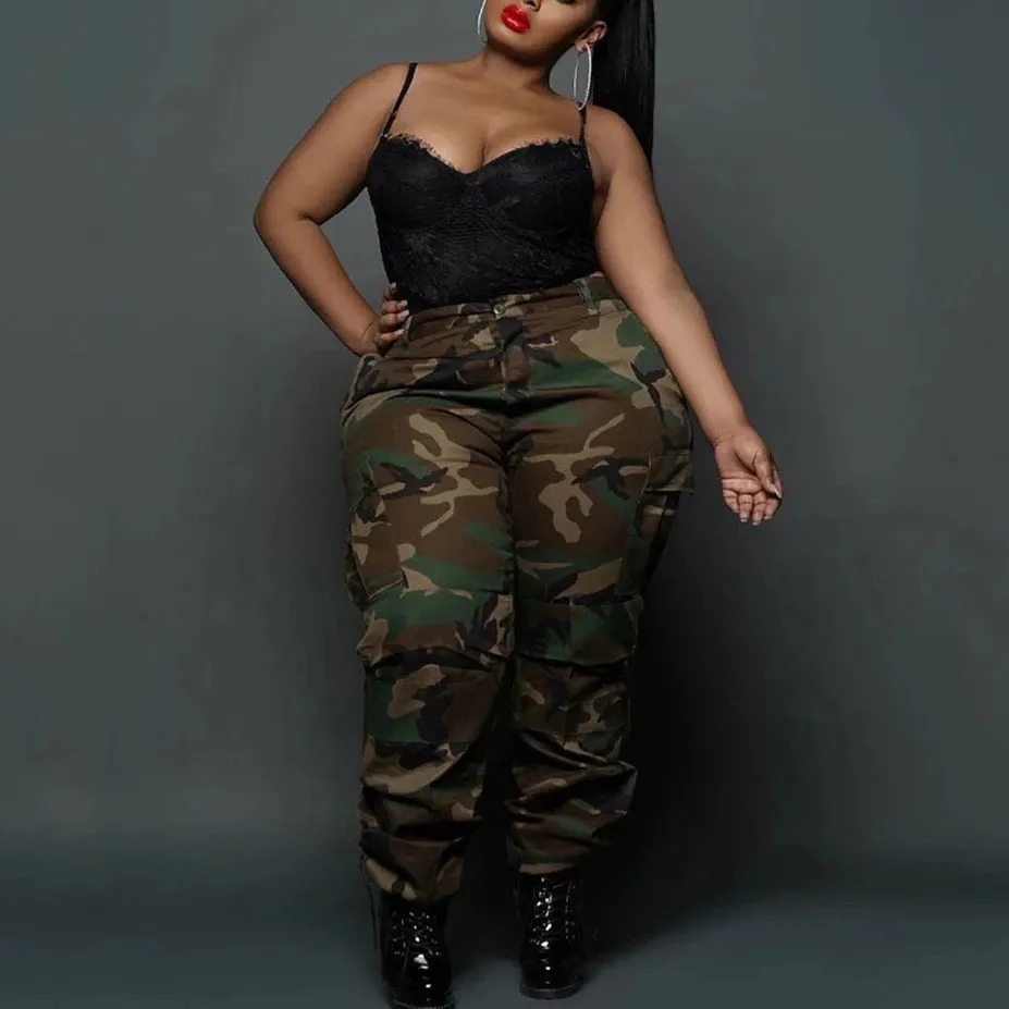 Calças plus size 4xl 5xl estampa camuflada para mulheres gordas cintura alta moda noite boate vestir calças