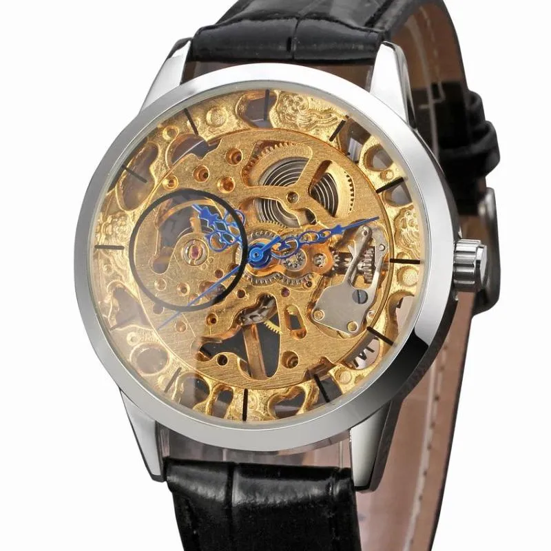 Se genom Silver Tone Case Golden Movement Hollow Skeleton Steampunk Hand Vindmekaniska Män Armbandsur Black Läderband Armbandsur