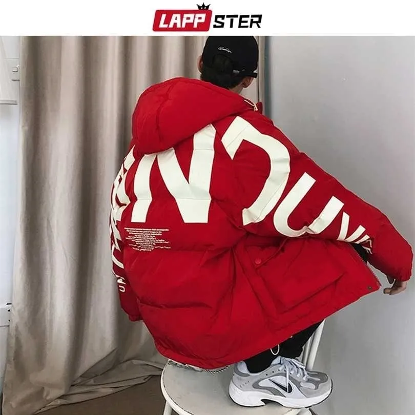 Lappster Men Streetwear Негабаритный пузырь Куртка Parka Mens Письмо Печать Хип-хоп Мода Ветровка Женские Корейские Пальто 211214