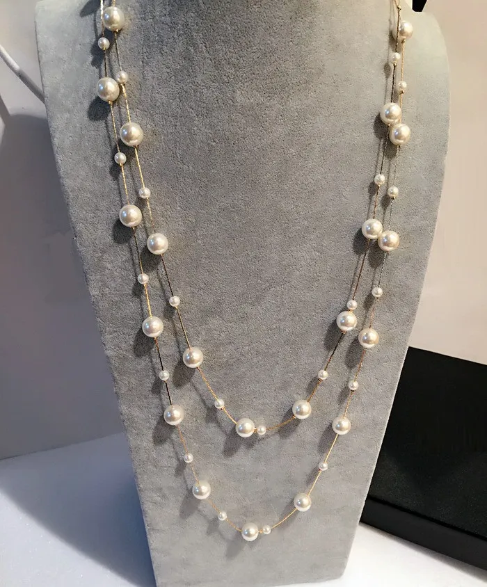 Doppelte Schichten simulierter Perlenschmuck Lange Halskette Damen Klassische Perlenkette Halsketten Anhänger Feines Geschenk