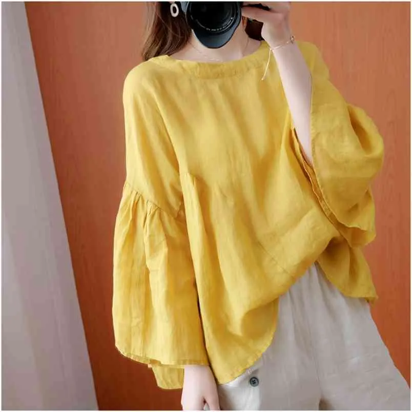 Women's Cotton Linen Flare Sleeve Blouse - Casual Loose Fit Solid Oneck ...