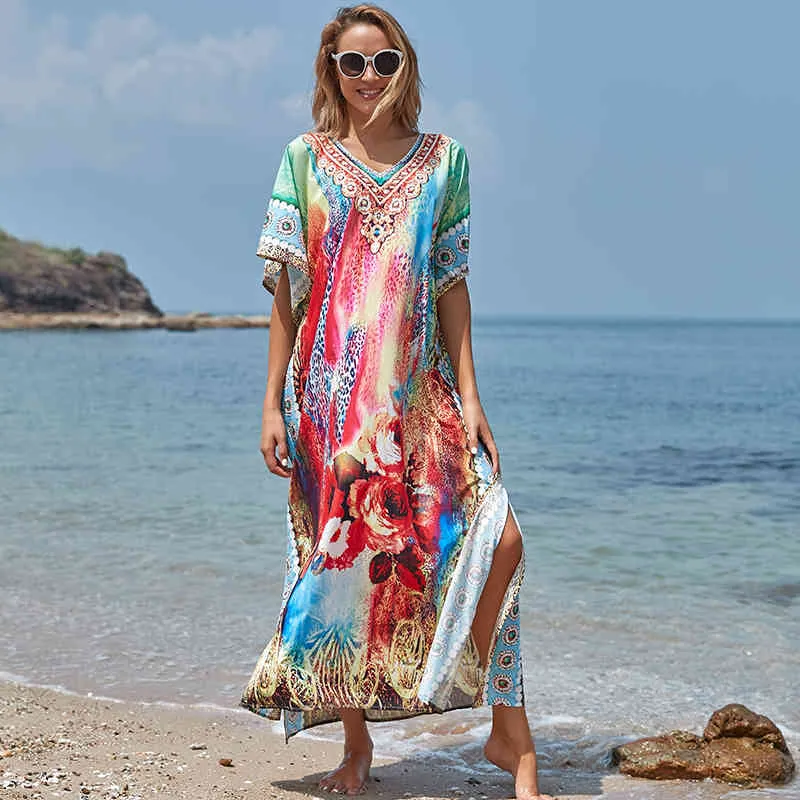 Long Polyester Beach Cover Up Badräkt för kvinnor Pareo Swim Saida de Praia Robe Plage Klänning Q1186 210420