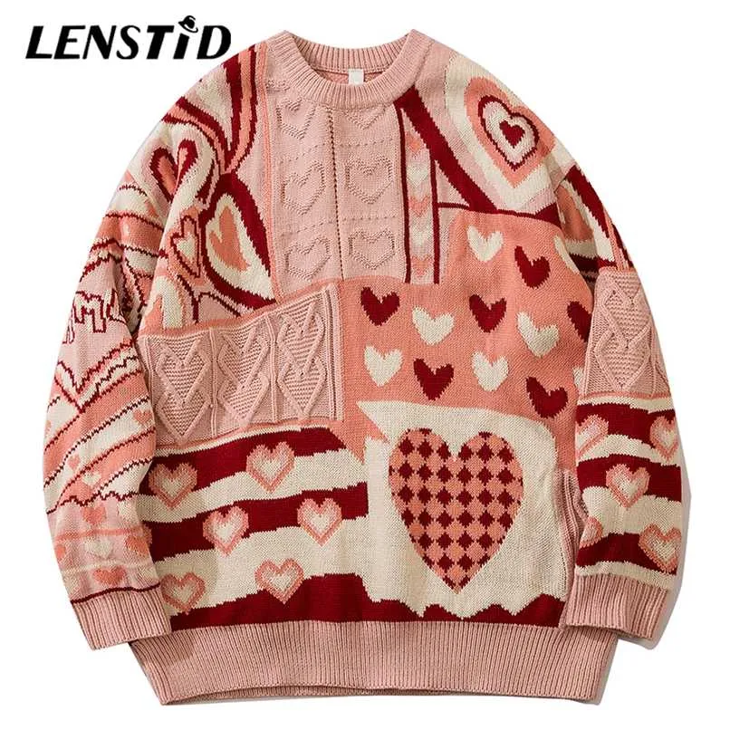 Lenstid män hip hop stickade hoppare tröja hjärta färg block streetwear hajuku höst lösa mode casual pullovers 211221