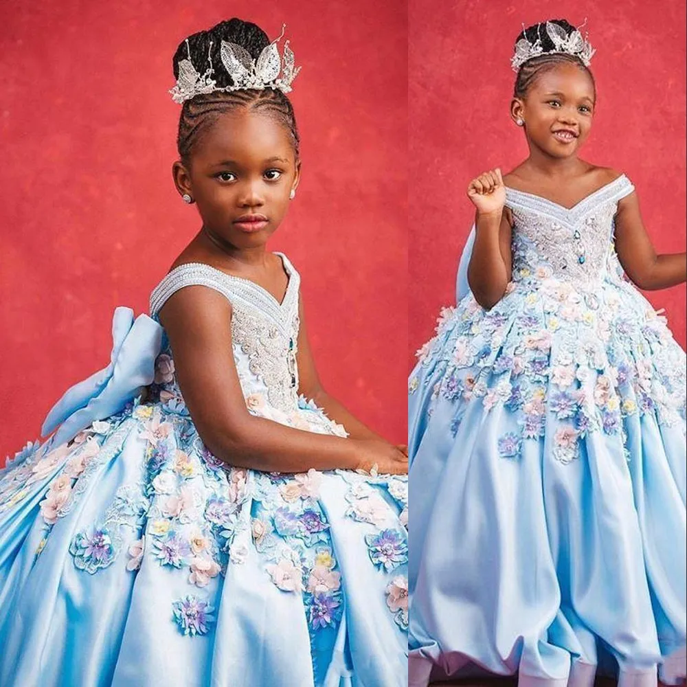 Off Shoulder Sky Blue Lace Flower Girl baby blue dress with Crystal Beads and Bow for Weddings Pageants and Birthdays