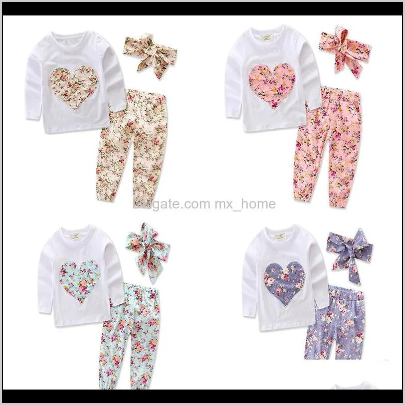 Baby Maternity Drop Leverans 2021 Born Girls Floral Outfits Flower Heart Applique Broder Toppar Byxor Headband Baby Kids Kläder Set Sprin