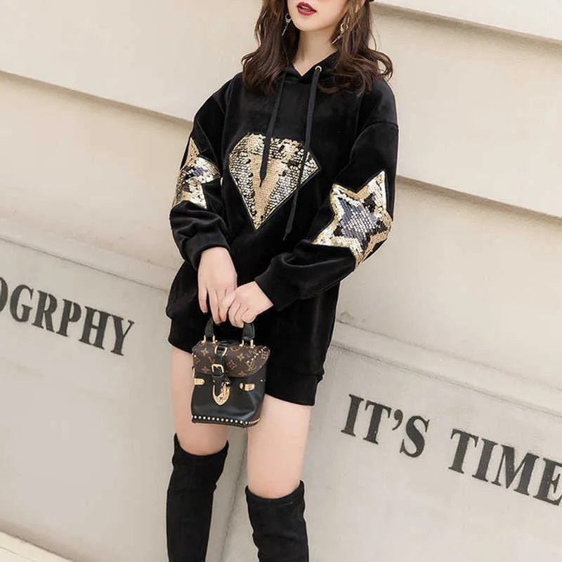 PERHAPS U Women's Black Velvet Long Fleece Hooded Dress with Sequined Diamond Star Bling, Loose Fit, and Gold Hip Pop velour pullover - H0042 210529 PERHAPS U Women's Black Velvet Long Fleece Hooded Dress with Sequined Diamond Star Bling, Loose Fit, and Gold Hip Pop velour pullover - H0042 210529