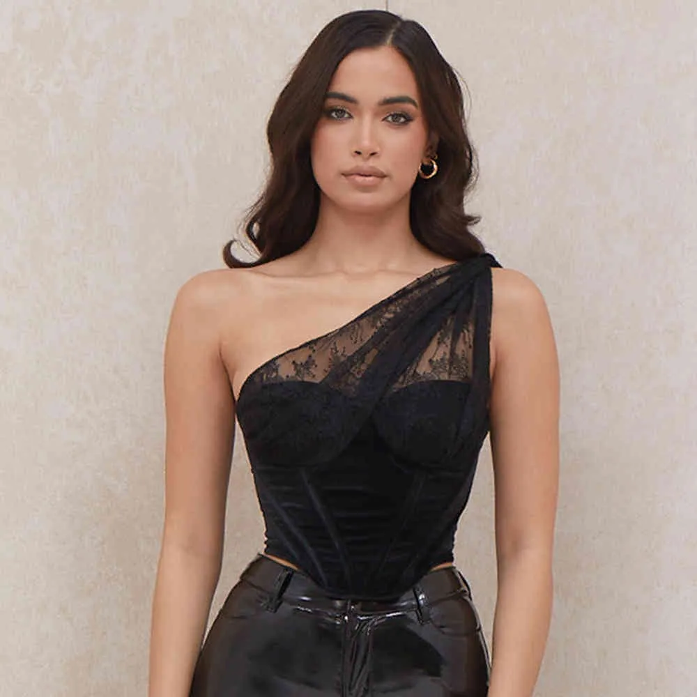 Summer Women Black Lace One Shoulder Short Tops Sexy Sleeveles Club Celebrity Runway Party Outwear Mini Crop 210423