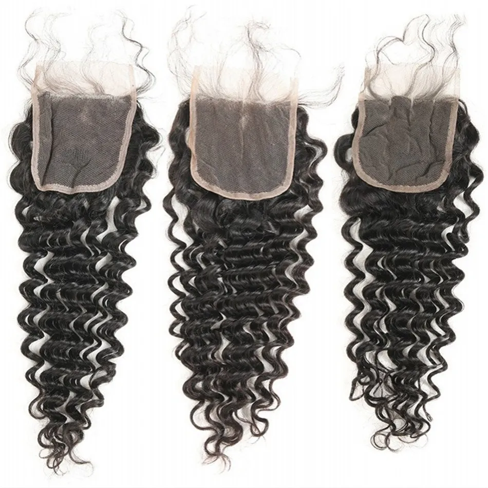Malaysian Hair 4x4 Lace Closure Deep Wave Middle Three Free Part Curly Human Hair Top Closures