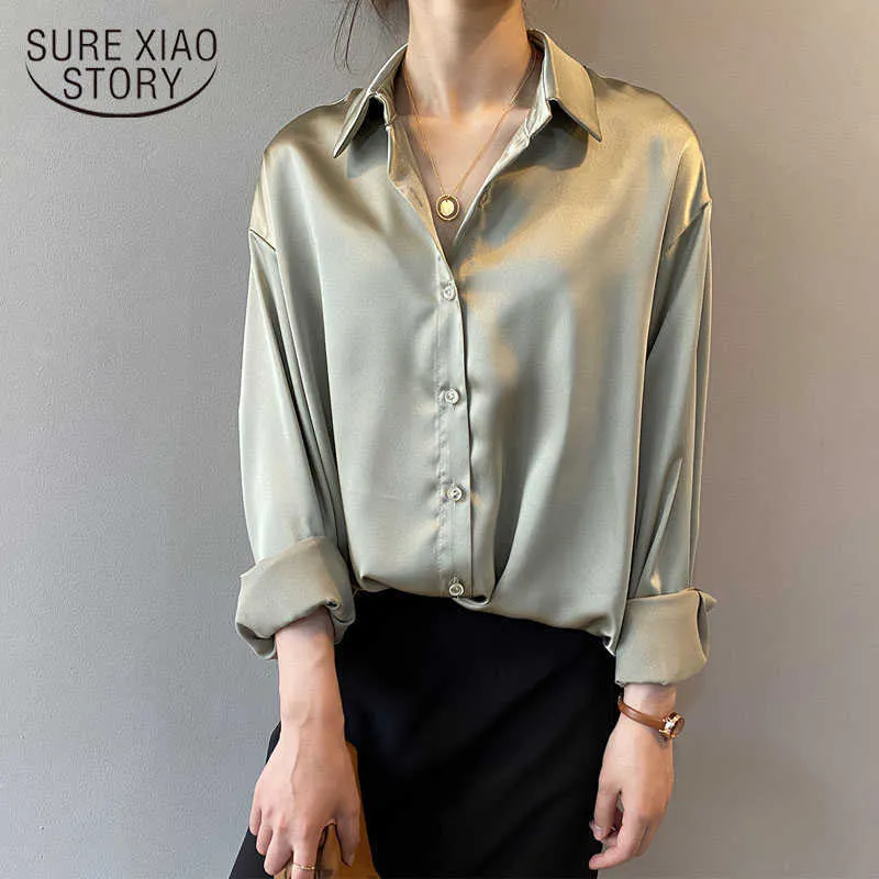 Vintage blouse vrouwen mode knop omhoog satijnen zijde shirt herfst lange mouw wit shirts tops dame chic koreaans kantoor shirt 11355 210527