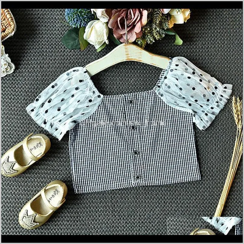 girls skirt suit summer new style wave dot puff sleeve stitching plaid top t-shirt + skirt children`s fashion clothing 2-piece