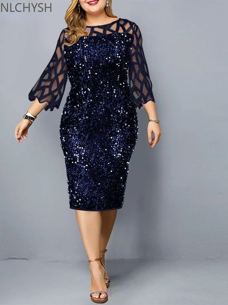 Plus Size Klänningar Festklänning Dam Midi Paljett Mesh Långärmad Spets Elegant Bodycon XL-4XL 5XL Kväll Kvinna Sommar 2021