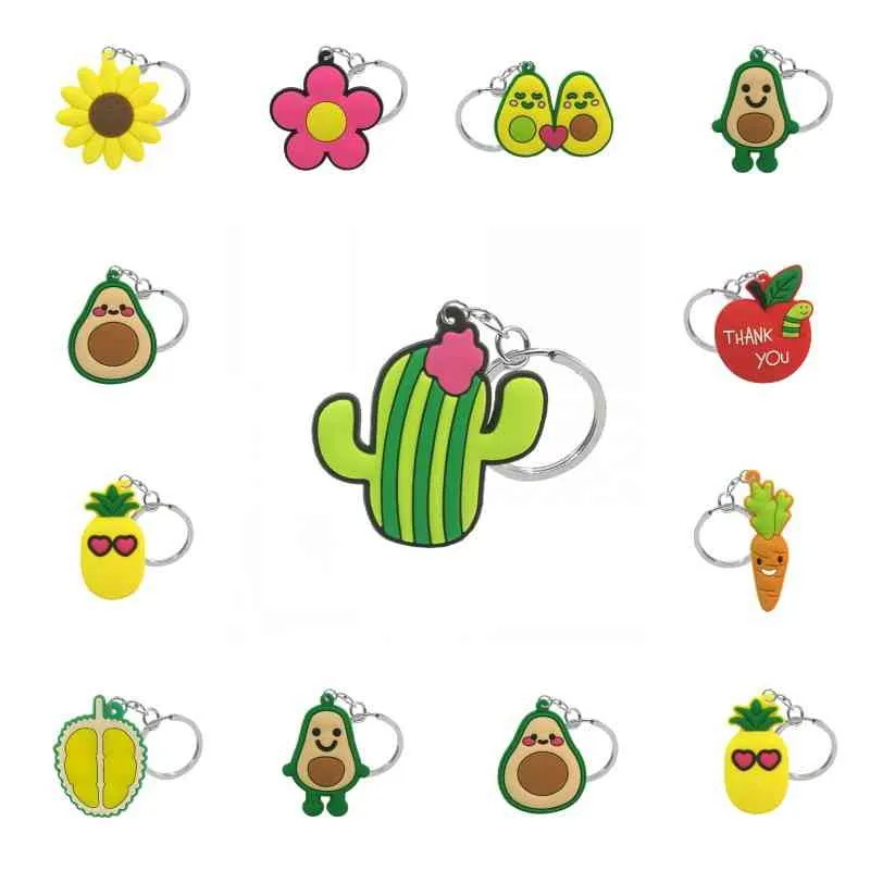 100PCS PVC keyring flowers Sunflower avocado apple Cactus carrot pineapple durian cartoon keychains fit women keys bag trinkets