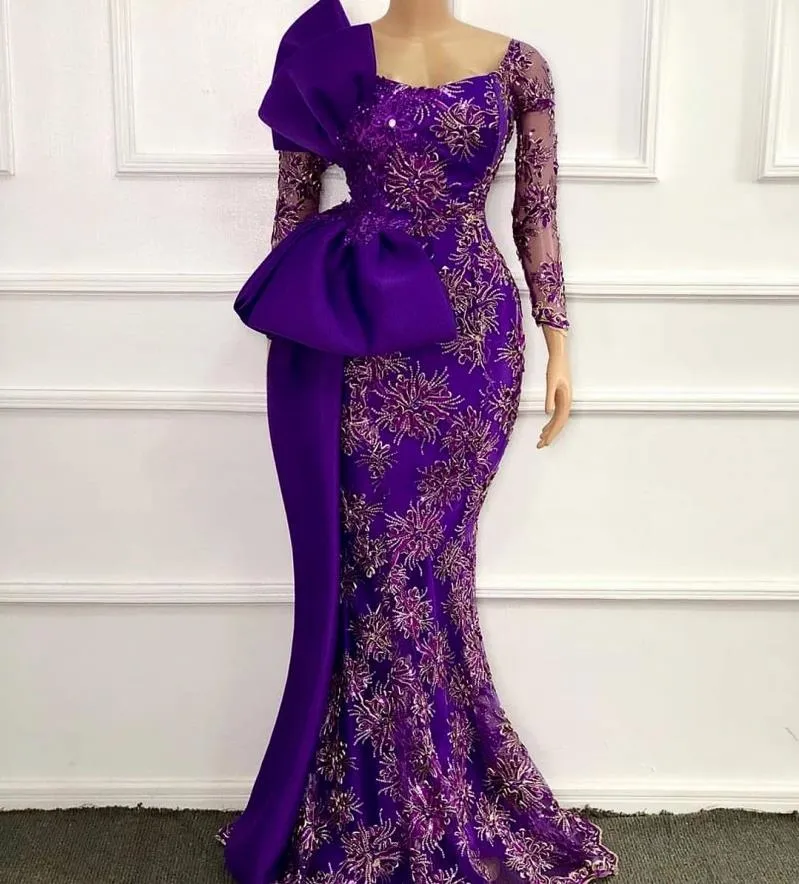 Nelegant African Purple Aftonklänningar Långärmade Scoop Neck Lace Applique Mermaid Prom Lökar med Bow Vestidos de Fiesta