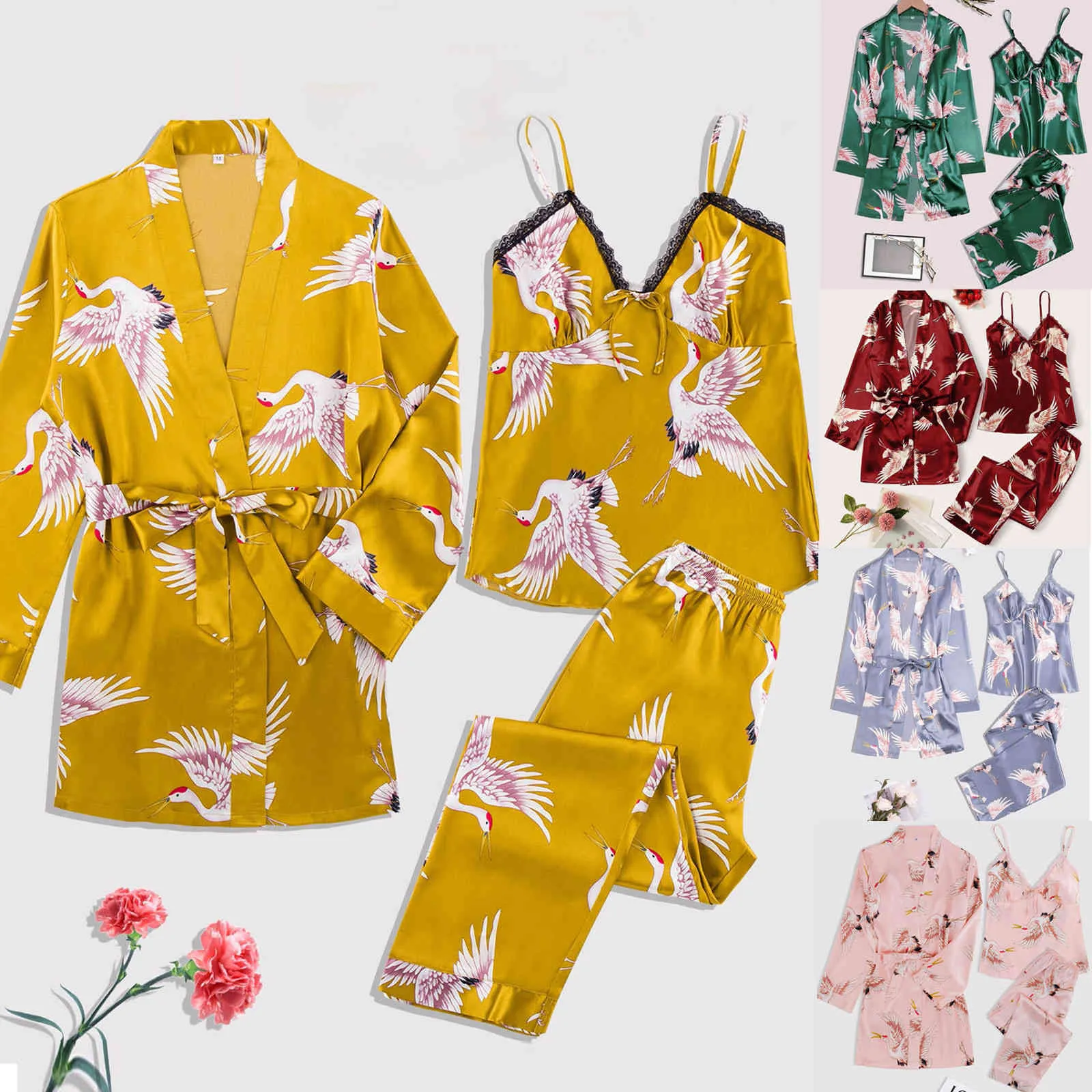 Satin Silk Pijamas Set Crane Print Kvinnor Nattdrelingerie Robes Underkläder Sleepwear Sexig Loungewear Robe Pizama Damska X0526