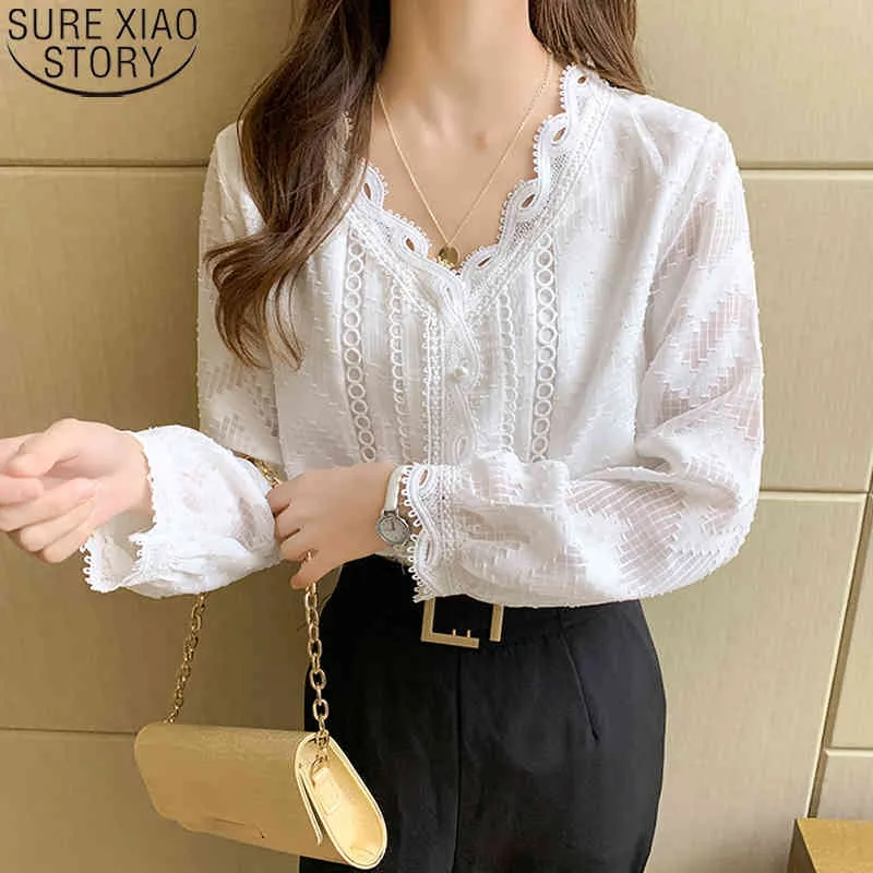 Vintage Blouse lâche col en v dames hauts automne femmes blanc en mousseline de soie dentelle Blouses lanterne à manches longues chemise Blusas 10982 210417