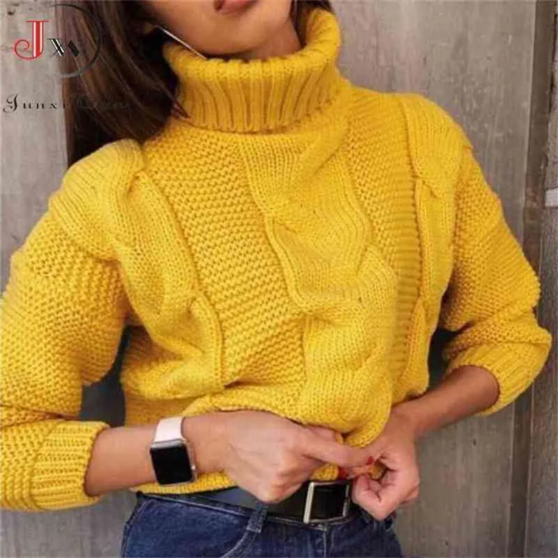 Jesień Zima Krótki sweter Kobiety Dzianiny Turtleneck Swetry Casual Soft Jumper Moda Długi Rękaw Pull Femme 210810