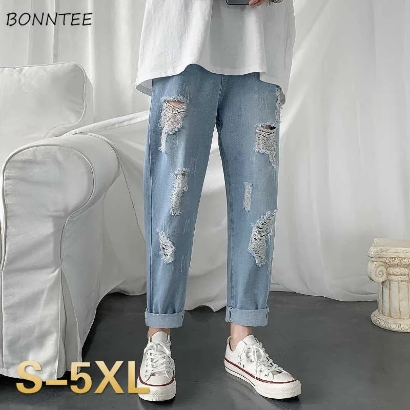 Jeans Men Fur-lined Hole Plus Size 5XL Crimping Mens Ankle-length Casual Loose Drawstring Streetwear Frayed Trendy Trousers New X0621