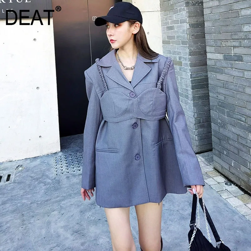 Autumn And Spring Full Sleeves Single Breasted Pocket Loose Big Size Blazer Outfits Bra Two Pieces WO04001L 210421