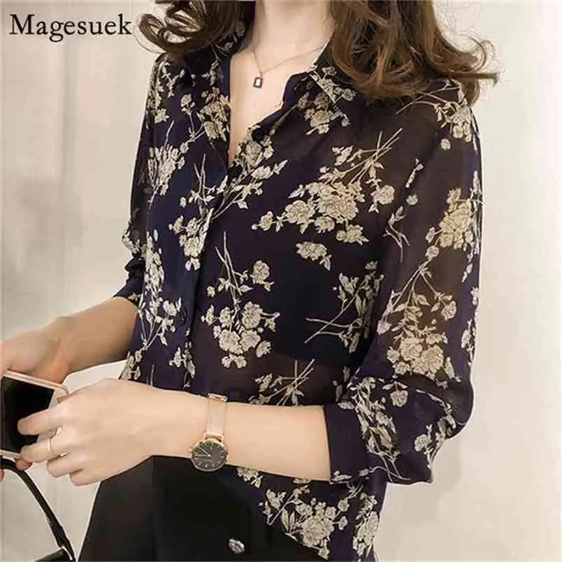 Blusa Fashion Sexy V-Ausschnitt Frauen Blusen Plus Size Langarm Slim Chiffon Shirt Print Blumenbluse Casual Tops 1058 210512