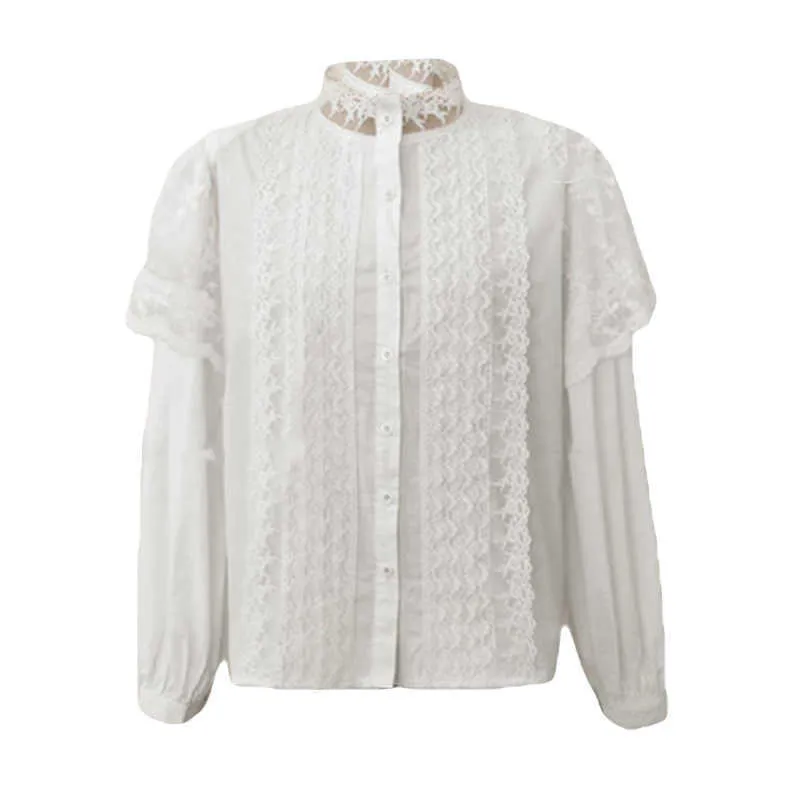 FORSE U Camicia bianca da donna Colletto alla coreana Camicia in camicetta monopetto a maniche lunghe con patchwork in pizzo B0783 210529