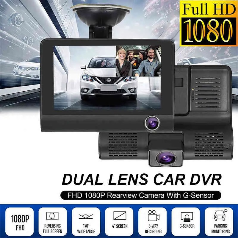 dvr per auto Pro 4 '' DVR per auto a tre vie FHD 1080P Videoregistratore a doppia lente con telecamera per specchietto retrovisore Videocamera Dash Cam grandangolare 170