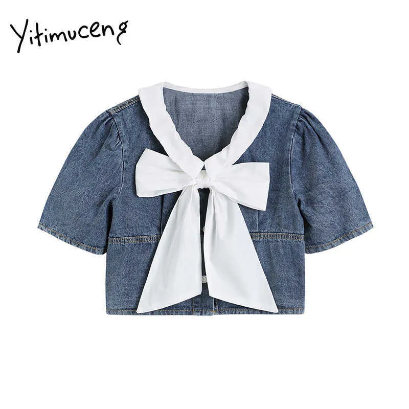 Yitimuceng arc Denim Blouse femmes doux chemises manches bouffantes col claudine vêtements droits été coréen hauts à la mode 210601