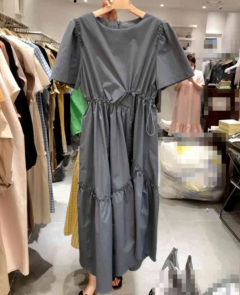 Koreanska mode teckna sträng kvinna klänning sommar kortärmad vestido de mujer bekväm solid smal midja klänningar kvinnor 210514