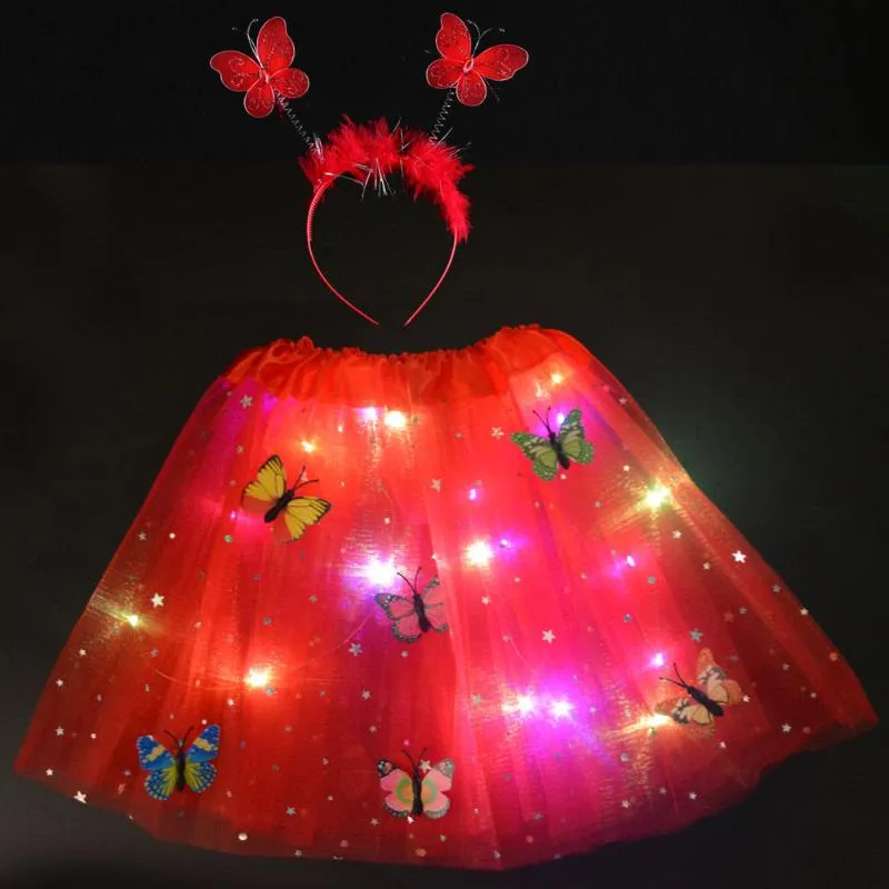 Party Decoration Dzieci Dziewczyna Lekki Glow Star Butterfly Tutu LED Spódnica Pałąk Głowy Walentynki Walentynki Wielkanocny Prezent Urodzinowy Prezent