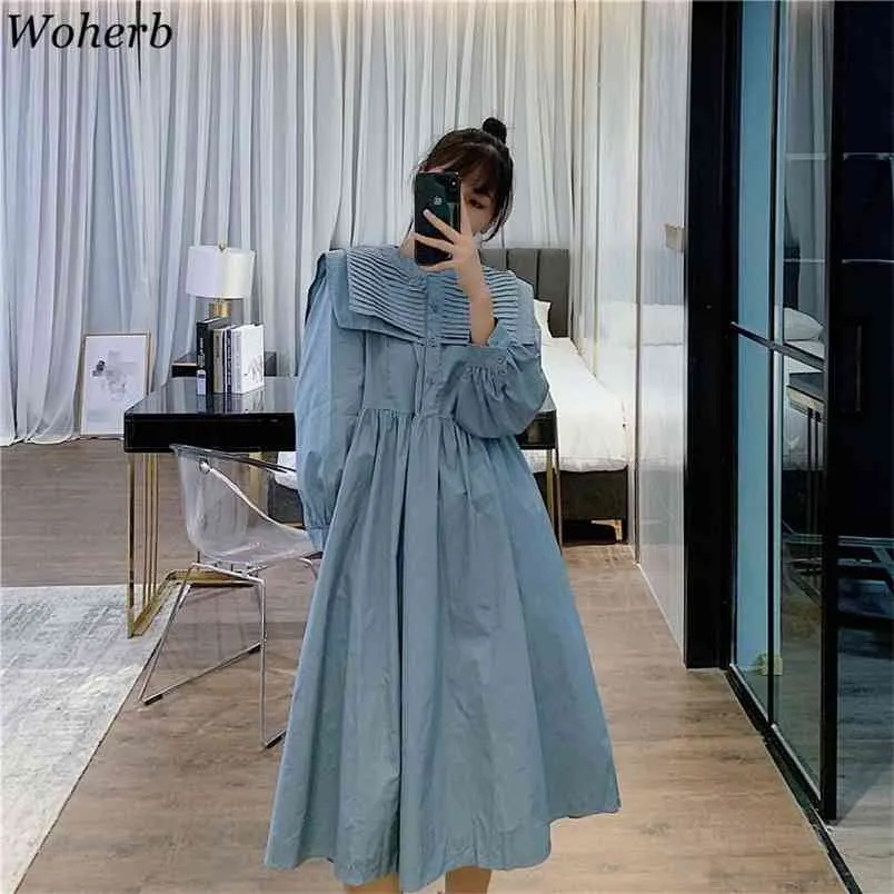 Korean Fashion Loose Long-sleeved Dress Women's Spring Summer Gothic Pleated Midi Dresses Vestido Feminino 210519