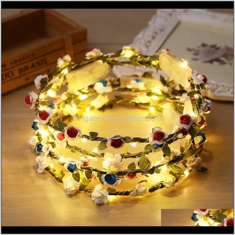 Dekoracyjne kwiaty wieńce Hurtownie LED Light Beach Girl Wieniec Rose Flower Headband Luminous Garland Supplies Wen6653 E1yzk M5Bau