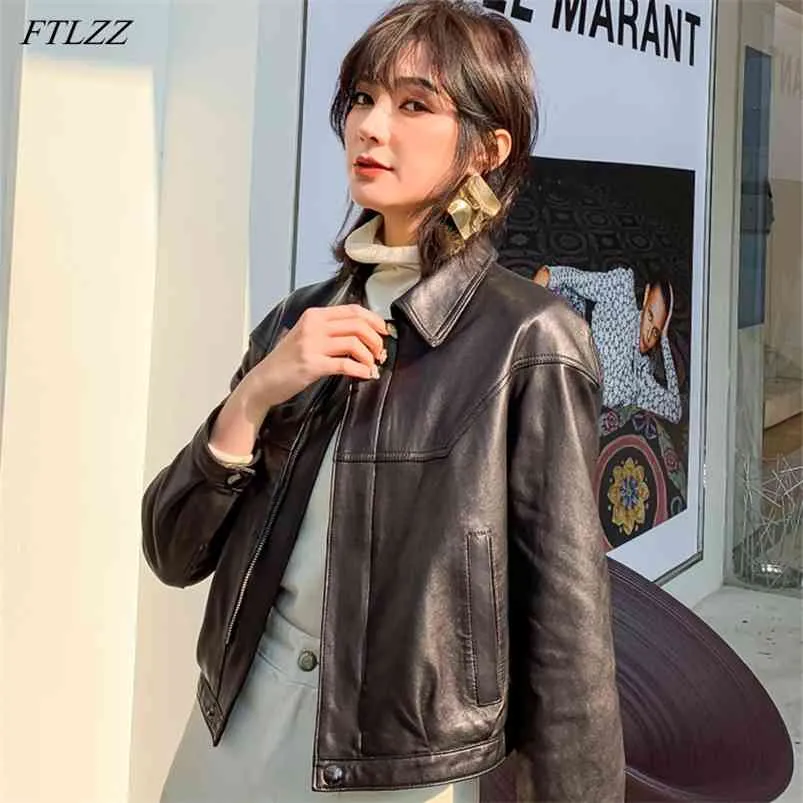 Printemps femmes veste en cuir revers fermeture éclair court Pu dame mince noir à manches longues Biker manteau 210430