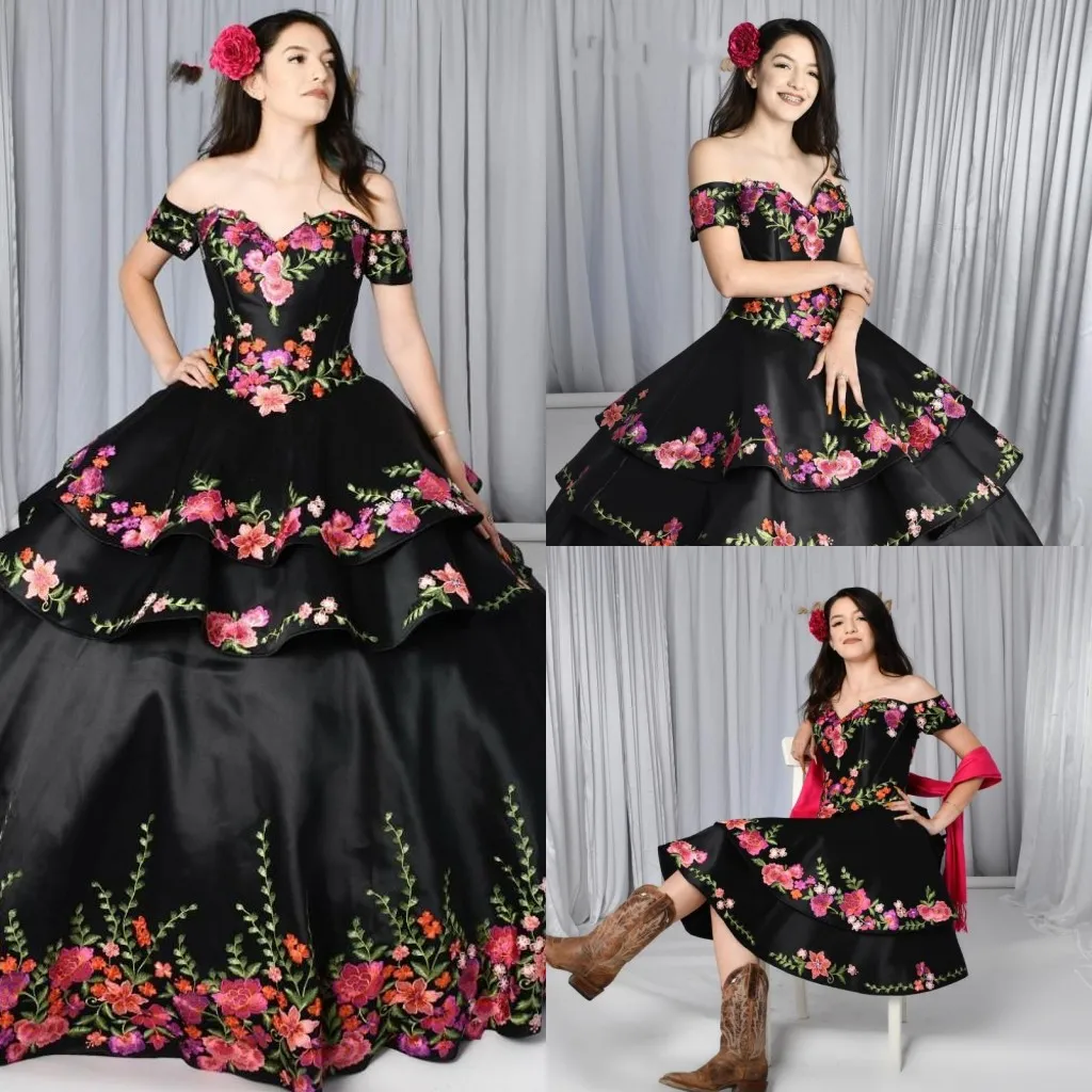 2022 Black Quinceanera Dresses Charro Detachable Skirt two pieces Floral Embroidered Off The Shoulder Sweet 16 Dress Mexican Theme