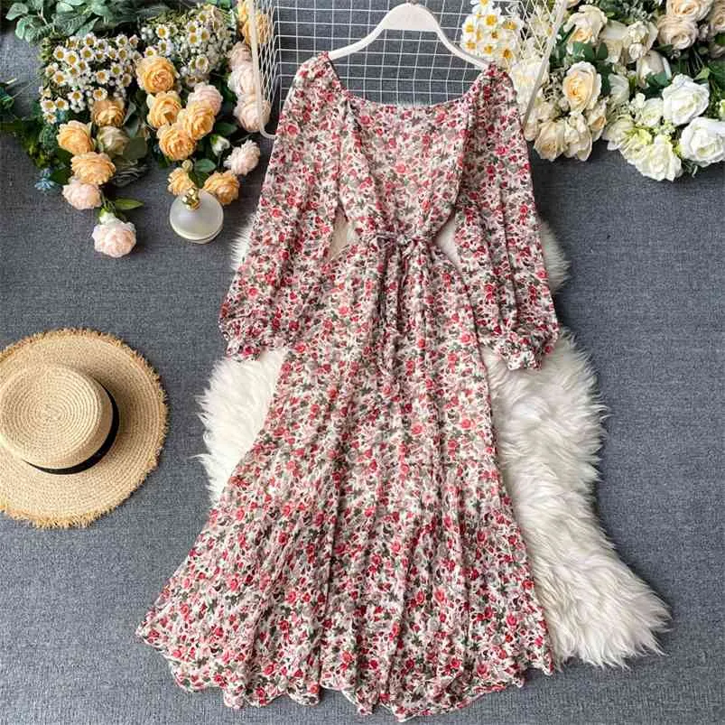 Vintage Square Collar Floral Print Dress Kvinnor Long Puff Sleeve Slim Ruffles A-Line Spring High Waist Vestidos 210430