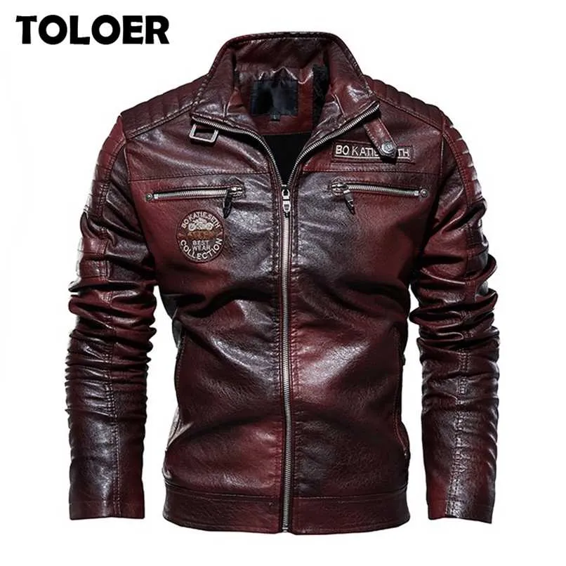 Mens Leather Jackor Casual Winter Fleece Jacka Biker Leather Coats Windbreaker Male Warm Stand Collar PU Läder Jackor 211111