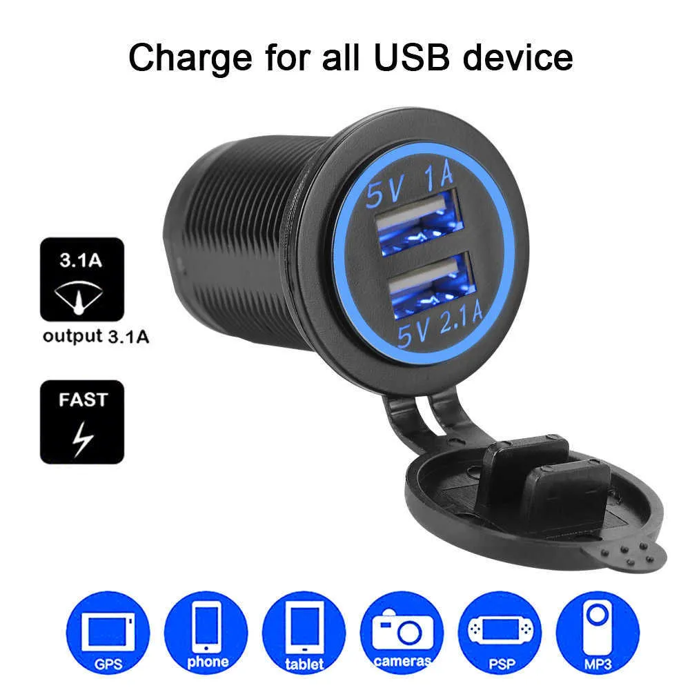 12-24V Outlet Adapter Dual USB Charger Universal Power Socket 3.1A LED Light Waterproof for Auto Marine Motorcycle Truck Ship
