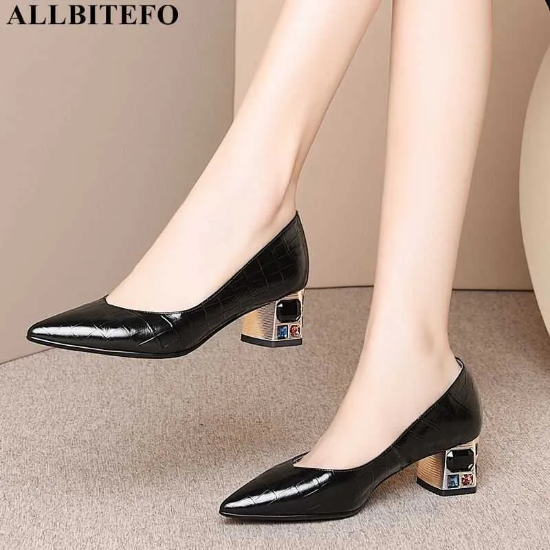 ALLBITEFO Colore diamante tacco in vera pelle marca tacchi alti ufficio scarpe da donna scarpe tacco alto donna tacco spesso scarpe da donna 210611