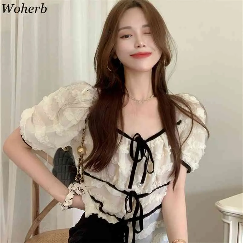 Söta blusar Kvinnor Toppar Solid Square Collar Puff Sleeve Vår Sommar Elegant Blusas Mujer Vintage Koreanska Skjortor 210519