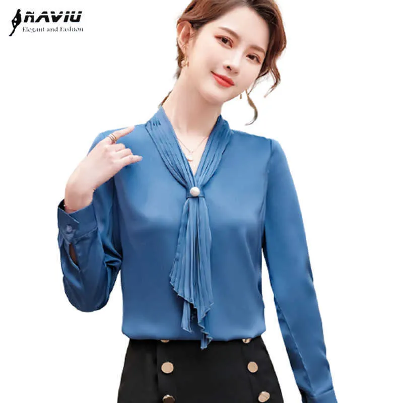 Chemise bleue femmes printemps conception tempérament demi manches col en V en mousseline de soie Blouses bureau dames mode travail formel hauts 210604