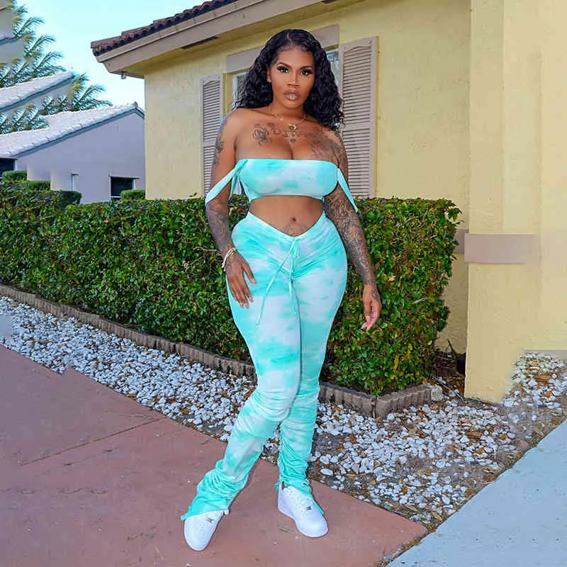 NewAsia Ribbed Tie Dye Off Shoulder Tie Dye Leggings And Crop Top