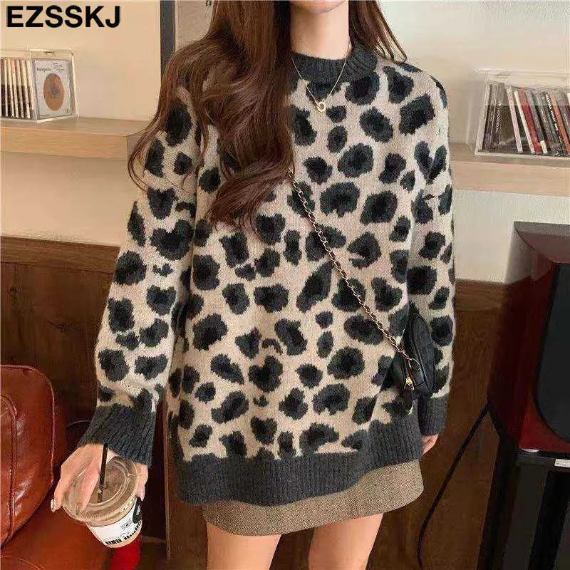 Lepard Oversize Cashmere Leaf Sweter sweter Sweter Winter Jesień Grube Chic Długi Rękaw Top 210922