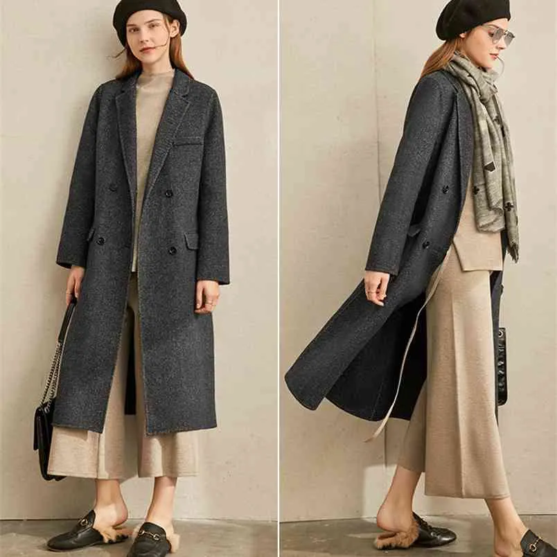 Wełna mieszanki zimowe kobiety moda ciepły stałe klapy podwójne breaded luźne eleganckie kobiece płaszcz wełniany 11940573 210527