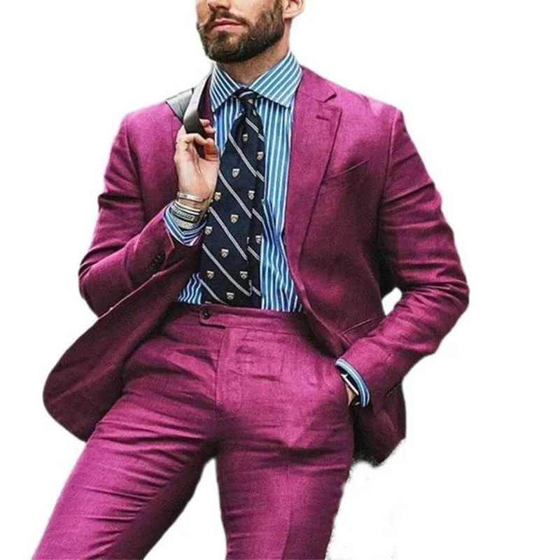 Abiti da uomo Blazer 2022 Style Fucsia 2 pezzi Smoking slim fit Colletto piatto in lino Sposo bello Abiti da sposa Blazer Skinny