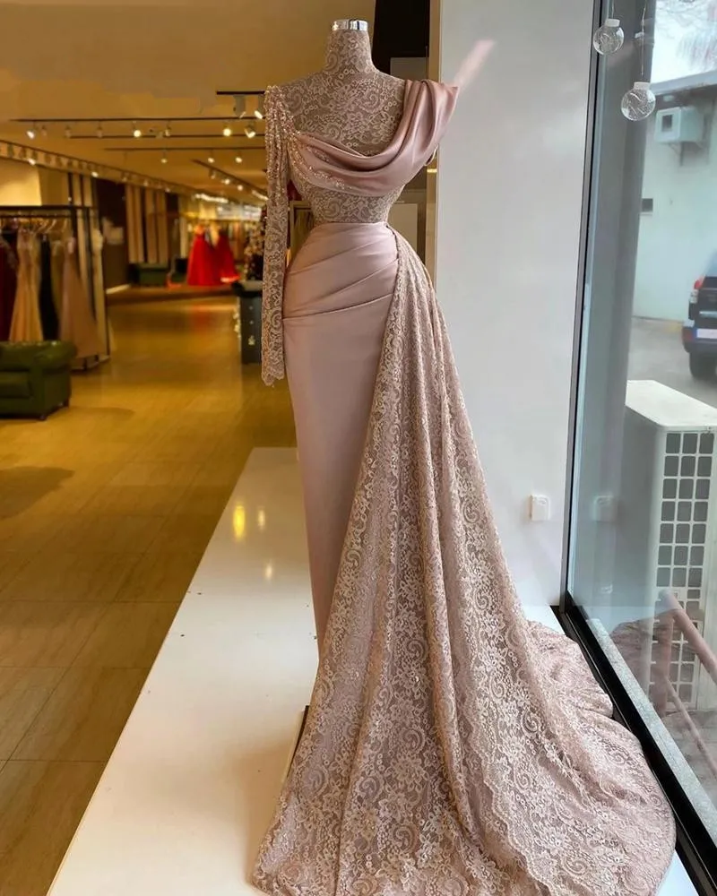 Elegent Pink Meimaid Abiti da sera Collo alto Una spalla Dubai Perline Pizzo Festa formale Secondo ricevimento Abito increspato Raso Robe de mari￩e